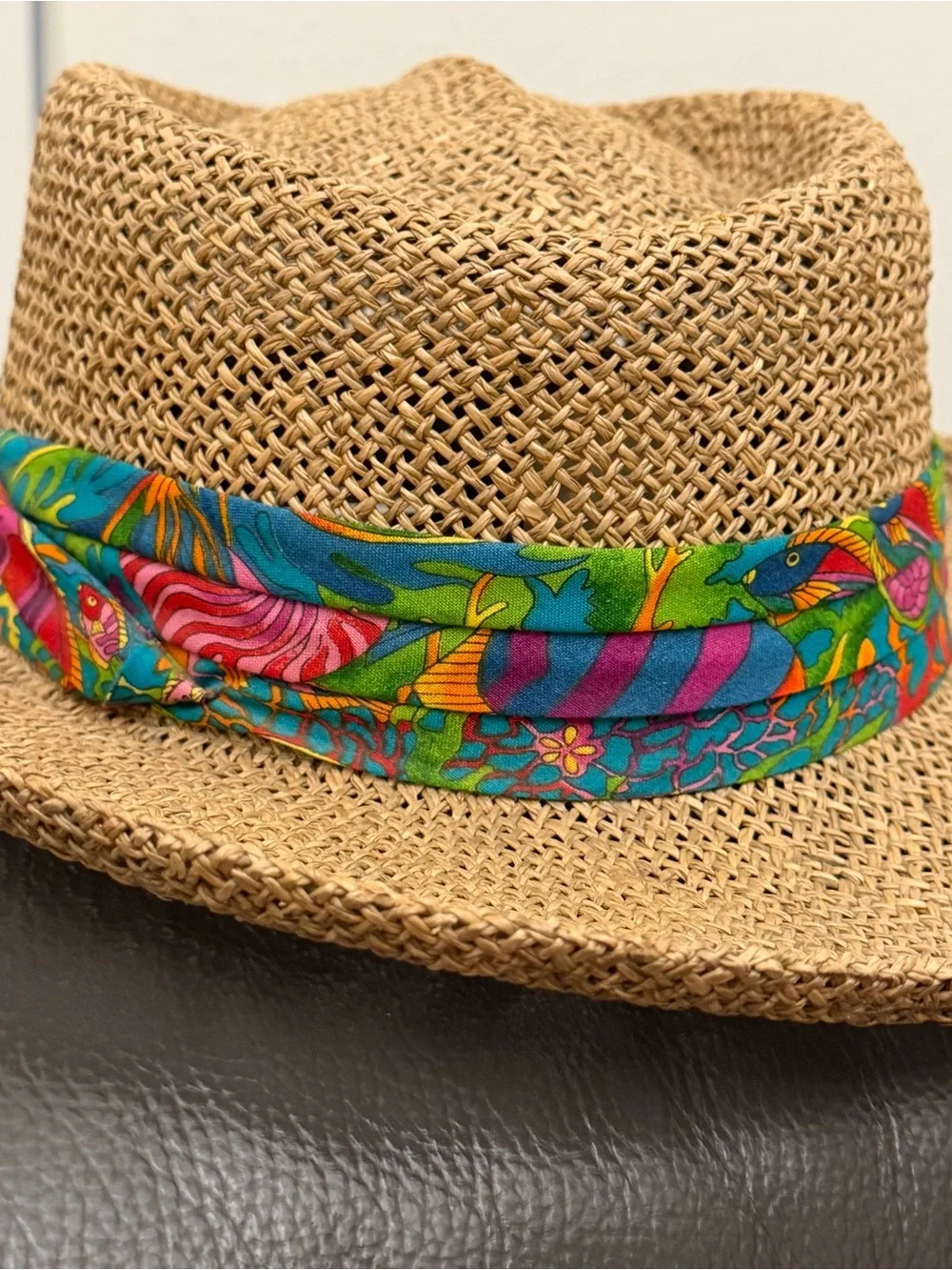 Summer Club Australian Styled Straw Panama Hat Colorful Green Blue Fabric Band L